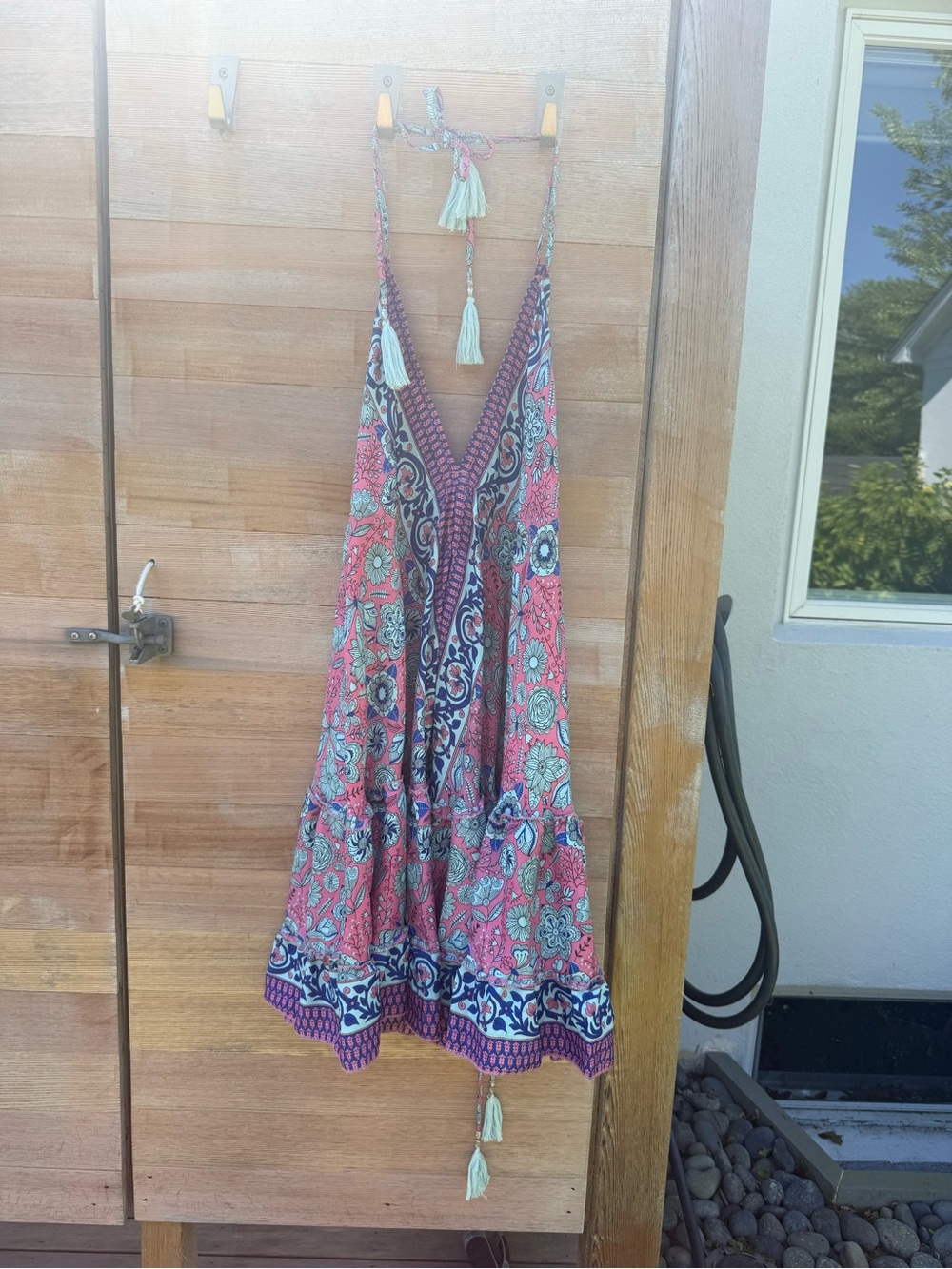 Boho Tassel Halter Sundress in Coral & Aqua